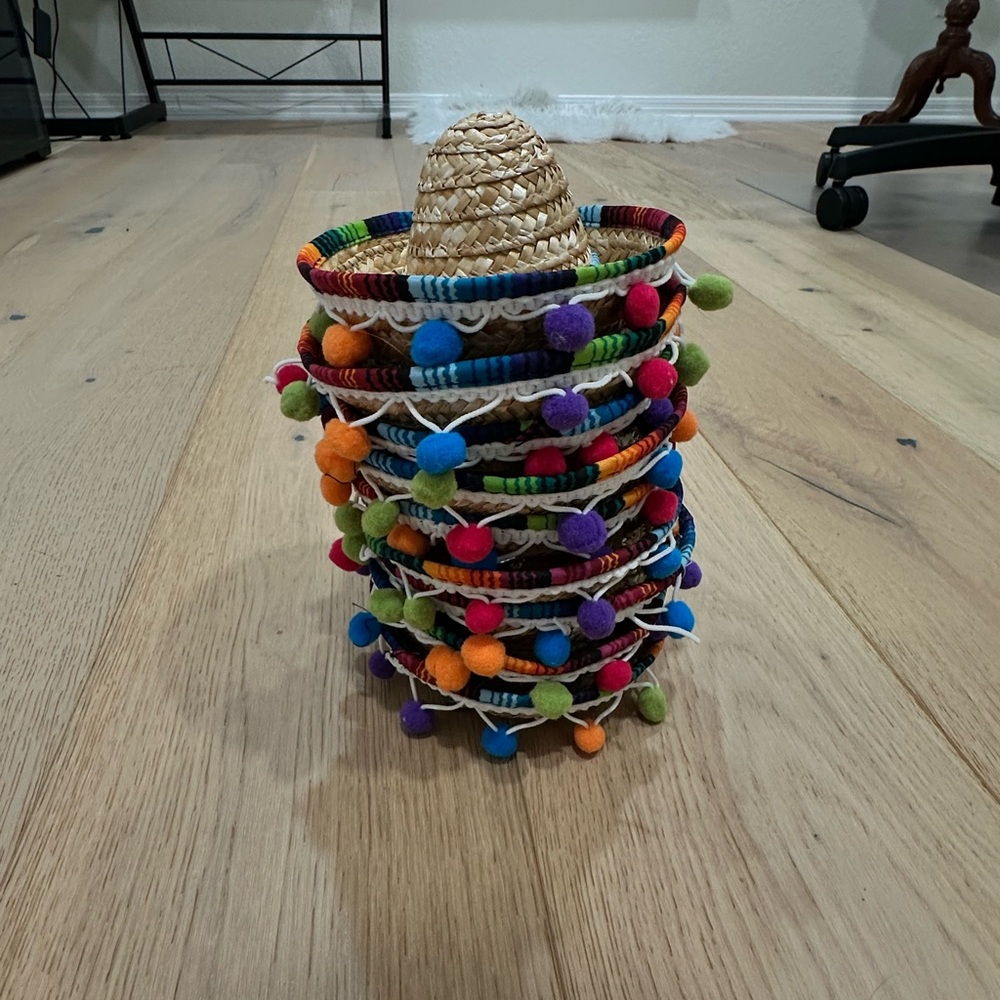 8 Colorful Straw Mini Party Sombreros with Pom Poms